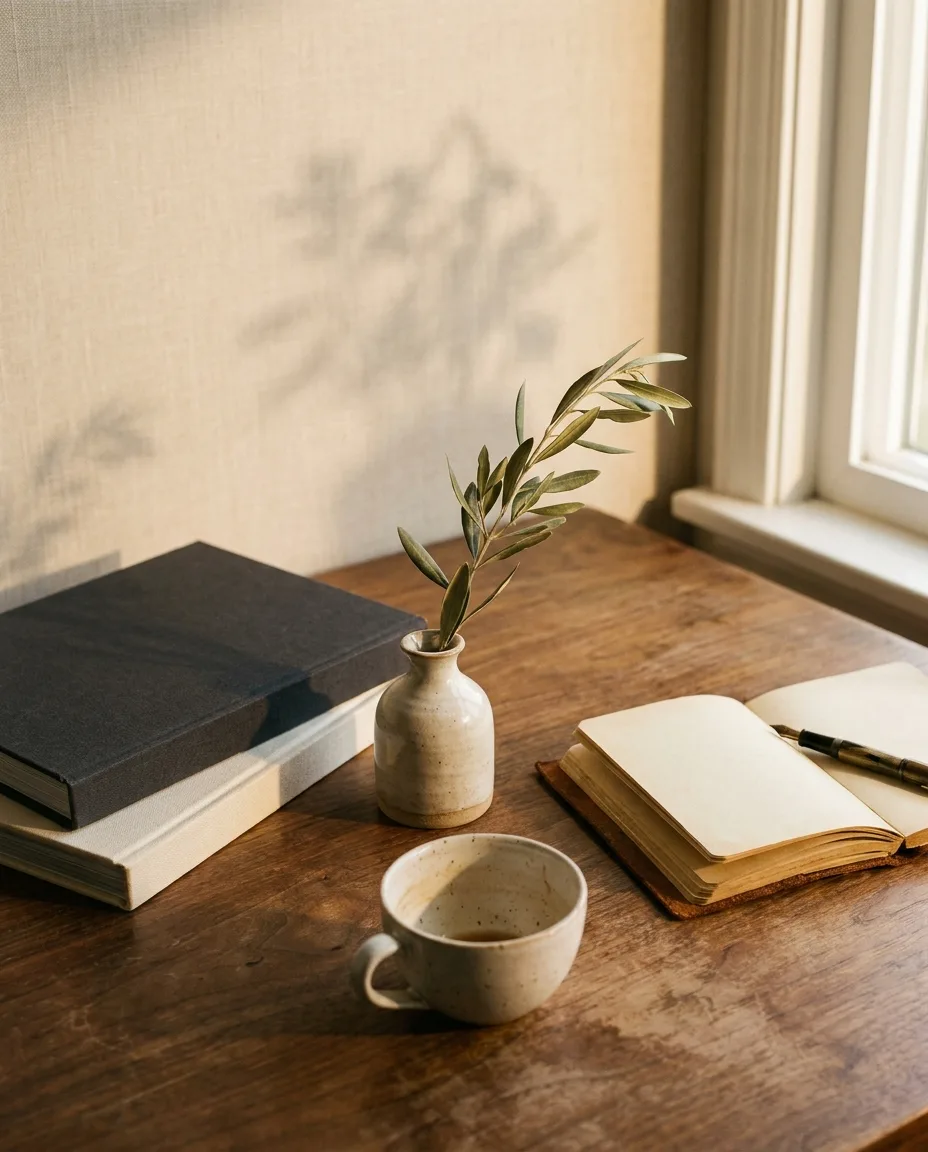 日式木質書桌一角、植栽書本