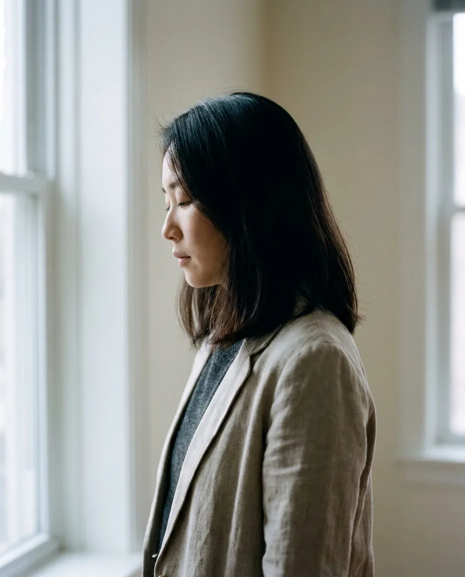 亞洲女性窗邊側臉剪影